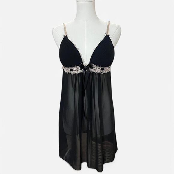 VTG Y2K Linea Donatella Black & Tan Lace Trim Dark Coquette Sheer Slip Dress M - Picture 1 of 7